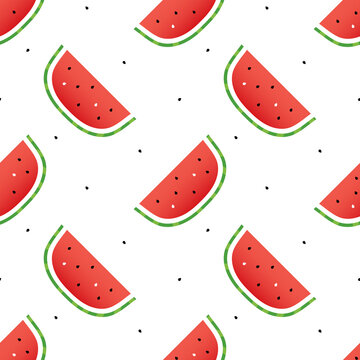 Watermelon slices and watermelon seeds vector cartoon style seamless pattern background.
