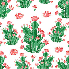 Vector seamless pattern of blooming cacti. Cacti, succulents, exotic plants repeating pattern, ornament. Design for printing on paper, packaging, textiles. wallpaper.