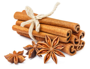 Delicious cinnamon sticks and star anise, isolated on white background