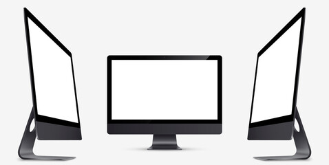Mockup. Screen monitor display black colors on three sides with blank screen for your design. Realistic vector illustration. - obrazy, fototapety, plakaty