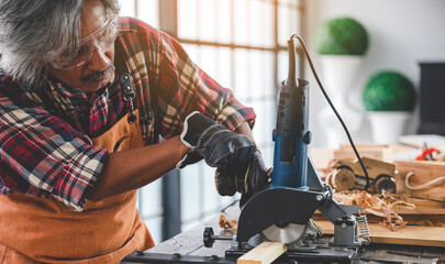 concept of wood DIY at home, carpenter working with wood