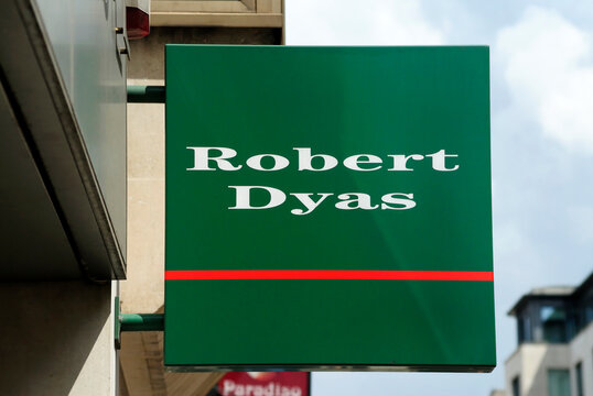 London, England - July 14, 2009: Robert Dyas housewares store sign, Founded in London, 1872 The chain is now owned by Theo Paphitis