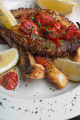 Octopus. Fresh caught octopus, seasoned with salt and pepper and grilled with olive oil and lemon juice. Served with a green leaf lettuce salad, heirloom tomatoes, red onions and Kalamata olives.