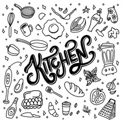 Hand drawn doodles of food and kitchen items