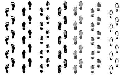 Human footprints icon vector set. Male and female tracks illustration sign collection. walk symbol. 
