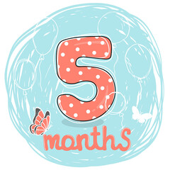 Number five with butterflies and balloon for the fifth month of life. For a holiday card, invitation, cake and greeting. Vector illustration in sketch style. Hand-drawn.