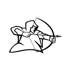 Medieval Archer Shooting a Bow and Arrow Mascot Black and White