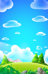 Cartoon Forest hill, jungle, tress, stones and full of clouds nature background illustration