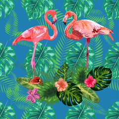 Trendy seamless pattern pink flamingo birds couple. Bright camelia flowers. Tropical monstera green leaves.