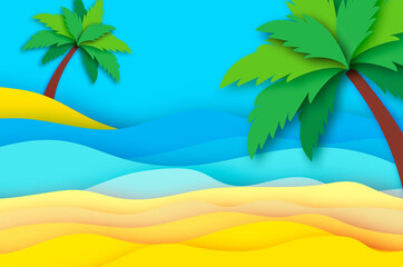 Seaside landscape in paper cut style. Nobody under the green palm trees on Seashore. Time to travel. Tropical beach. Summer holidays.