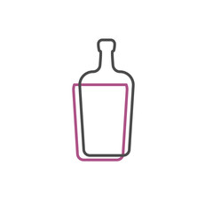 Simple line shape of liquor bottle. One contour figure of a bottle, the second drink. Outline symbol whisky dark color. Sign liquid yellow. Isolated flat illustration on a white background