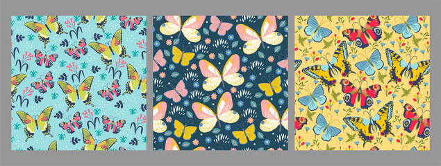 Collection of seamless patterns with butterflies. Vector graphics.