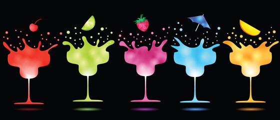 fruit falling into splashing cocktails in margarita glasses on black background, neon colors vector illustration for drink menu, nightlife, disco club and bar 