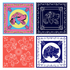 set of drawings for bandana, scarf. modern animalistic print with symbols of good luck. Vector illustration