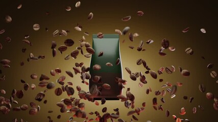 Mixture of grains from different continents, varieties of Arabica and Robusta. Refreshing, aromatic, soft with pleasant coffee aftertaste. Realistic roasted beans flying up and down in slow motion, 3d