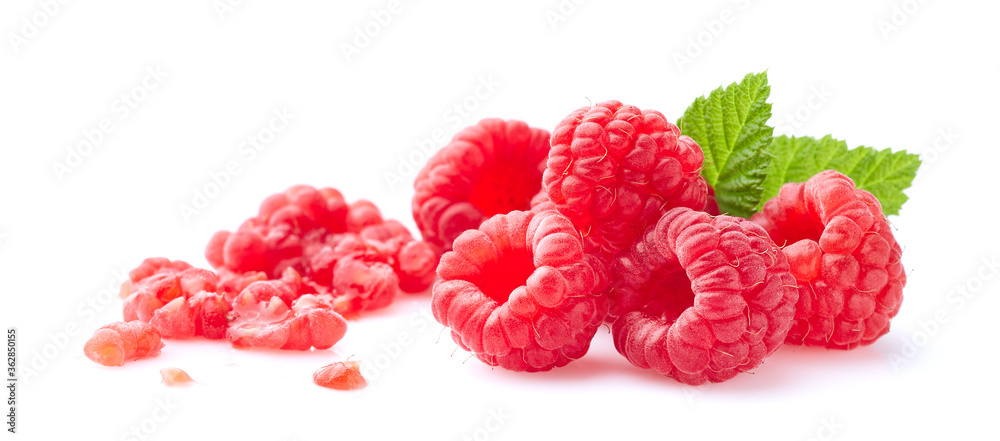 Wall mural fresh and crushed raspberries with leaves