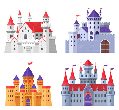 Medieval fort castle vector illustration set. Cartoon flat old fantasy kingdom collection of royal fairytale fortress for king and queen, fairy citadel, fortified palaces with gate isolated on white