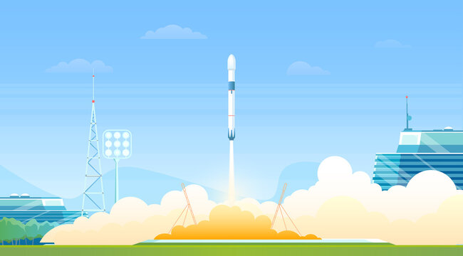 Rocket launch vector illustration. Cartoon flat science spaceship station, heavy rocket shuttle or speed spacecraft launching with fire and smoke cloud into space galaxy panoramic landscape background
