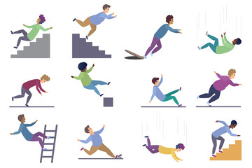 Fototapeta na wymiar Set of falling male isolated. Falling from chair accident, falling down stairs, slipping, stumbling falling man vector illustration