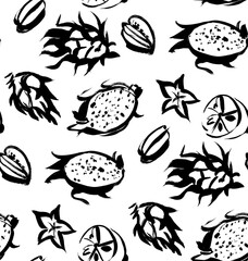 tropical fruit print black and white pattern painted with a dry brush for the production of fabrics and textiles and surface design