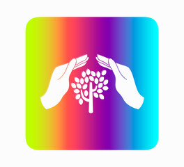 Fototapeta premium Flat vector icon tree and hands on neon background - environment