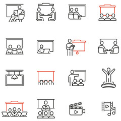 Vector set of linear icons related to career training, seminar, conference and presentation. Mentor, Presenter and Teacher. Mono line pictograms and infographics design elements - part 2