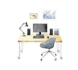 Watercolor hand drawn interior illustration of home office with wooden desk, office chair on wheels, computer, square picture frames and desk lamp. Isolated objects on white background.