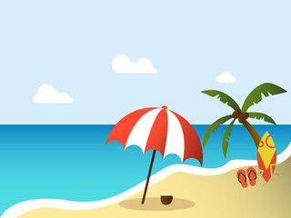 vector illustration of summer beach with umbrella and palm trees. summer season concept background template.