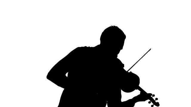 talented violinist virtuoso fast plays the classical violin. Medium long shot. Black silhouette on a white background