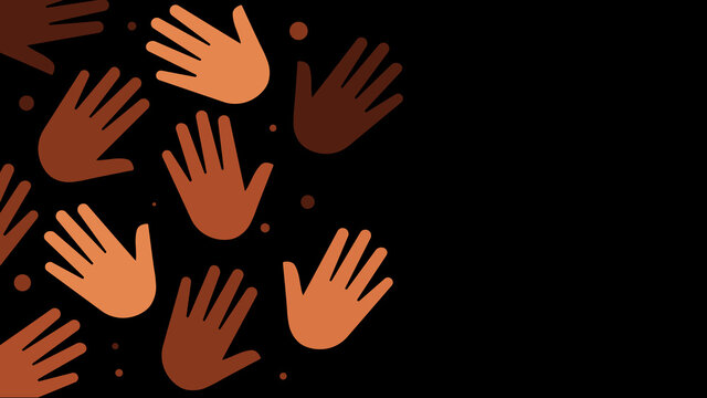 Hands with different skin colors .  Black illustration. Vector illustration with copy space.