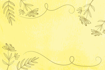 Decorative spring yellow watercolor background with hand drawn flowers, branches with leaves and other floral elements for design