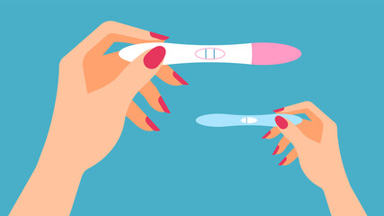 Pregnancy test. Female hand is holding a positive and negative pregnancy test. Isolated on blue background. Motherhood, pregnancy, birth control concept. Modern illustration.