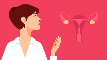 Woman gynecologist. Antenatal clinic. A young girl in a white shirt and an image of female reproductive organs. Consultation with a gynecologist and fertility specialist.