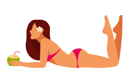 Fototapeta premium Beautiful woman in the red bikini with coconut cocktail. Model posing on the beach. Body, tan, slim figure. Concept of summertime, sunbathing, vacation and relaxing on the beach. Template, side view.