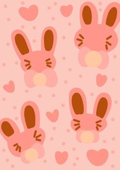 Vintage pastel pink cute bunny pattern chocolate pastel baby cartoon background, animal pattern, hand draw doodle comic art illustration