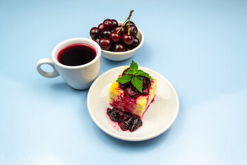 Cottage cheese casserole decorated with cherries