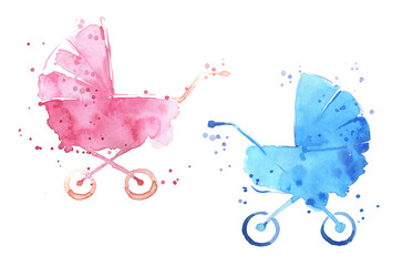 Watercolor baby prams, pink and blue