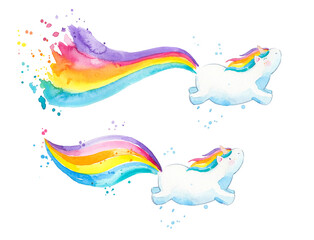 Baby unicorns with colorful tails watercolor illustration 