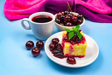 Cottage cheese casserole decorated with cherries