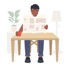 Young African American guy sitting at a table and reading a newspaper, black man reading press or magazine flat vector illustration. Home furnishings and indoor plants