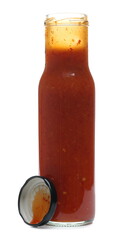 Chili sauce in unlabeled, blank glass bottle isolated on white background