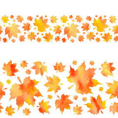 Watercolor orange maple leaves on white background. Seamless border. Isolated on white background. Watercolor stock illustration. Design for backgrounds, wallpapers, textile, covers and packaging.