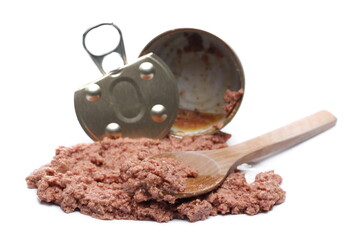 Cat food with tuna chunks with wooden spoon and tin can isolated on white background