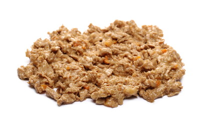Cat food with chicken and carrot chunks pile isolated on white background