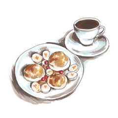 Breakfast coffee and pancake markers hand drawn sketch. Sweets illustration