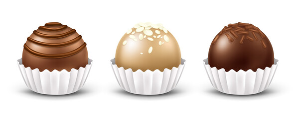 3d realistic vector chocolate candies with different toppings, isolated on white background. Dark, milk and white chocolate sweets, praline or truffle with white corrugated paper wrapper.