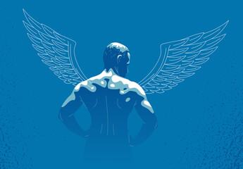 Winged angel with muscular strong body back view vector illustration, guardian angel concept, the power of good, strength of good.