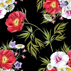 Meubelstickers Watercolor bouquet flowers on black  background. Floral seamless pattern for fabric. © Olga Kleshchenko