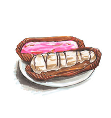 Hand drawn illustration of eclairs. Sweets pastries in cafes