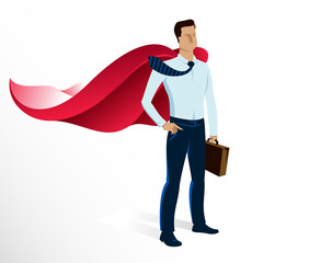 Businessman superhero vector illustration, young handsome business man standing brave and strong, leadership concept, success allegory, problems solving.